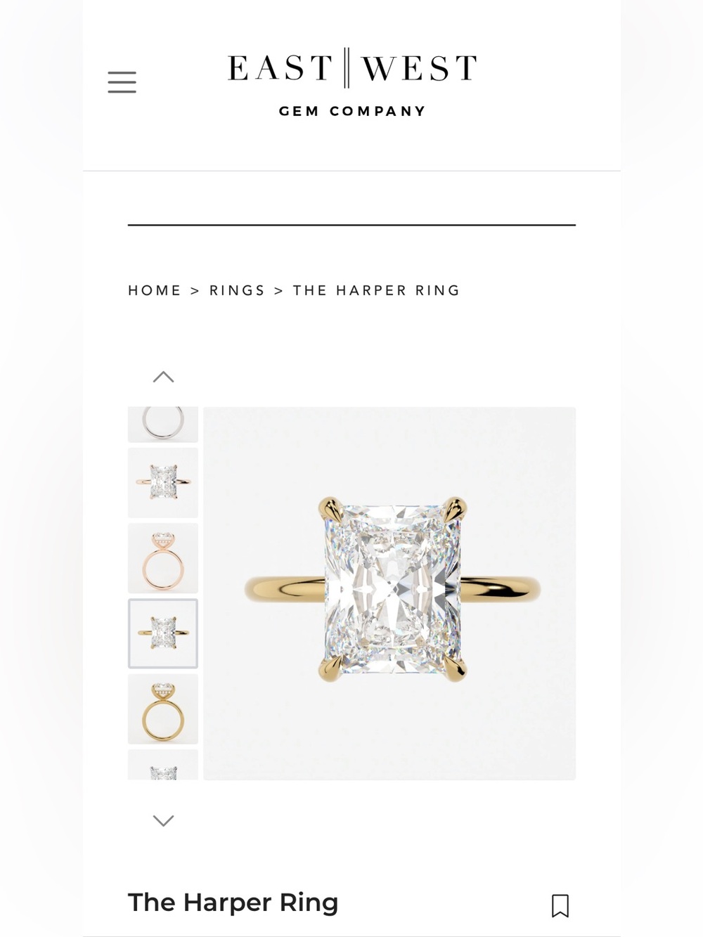East West Gem Company - Harper Radiant cut Diamond Solitaire Yellow Gold Ring